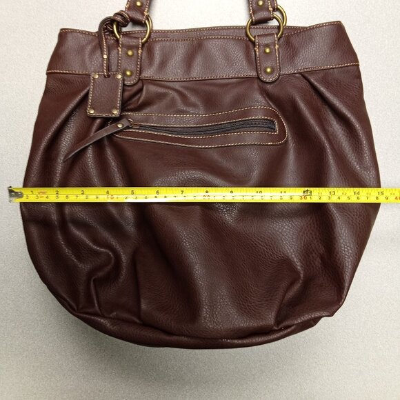Liz & Co. Brown Faux Leather Tote Bag With Striped Fabric Lining & Multiple Comp - Picture 13 of 15
